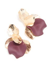 Showcasing statement stud earrings with half floral feature in maroon and gold tones front view - link has visual effect only