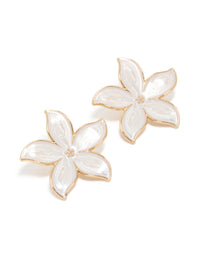 Elegant white enamel flower stud earrings featuring flower accents in gold front view - link has visual effect only