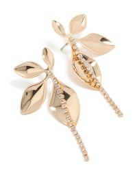 Showcasing gold diamante half flower drop earrings with floral details in a statement style front view - link has visual effect only