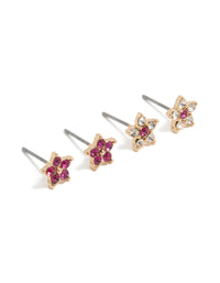 Featuring stud closure floral diamante earrings in a 2-pack with clear, pink, and gold details front view - link has visual effect only