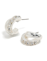 Stunning silver diamante split huggie earrings front view - link has visual effect only