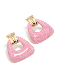 Statement bar stud earrings with pink marbled acrylic and gold finish front view - link has visual effect only