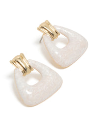 Showcasing a stud earrings in white and gold with marbled acrylic barbell design front view - link has visual effect only
