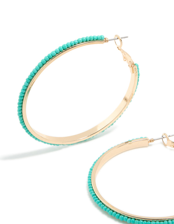 Gold Aqua Beaded Large Thin Hoop Earrings