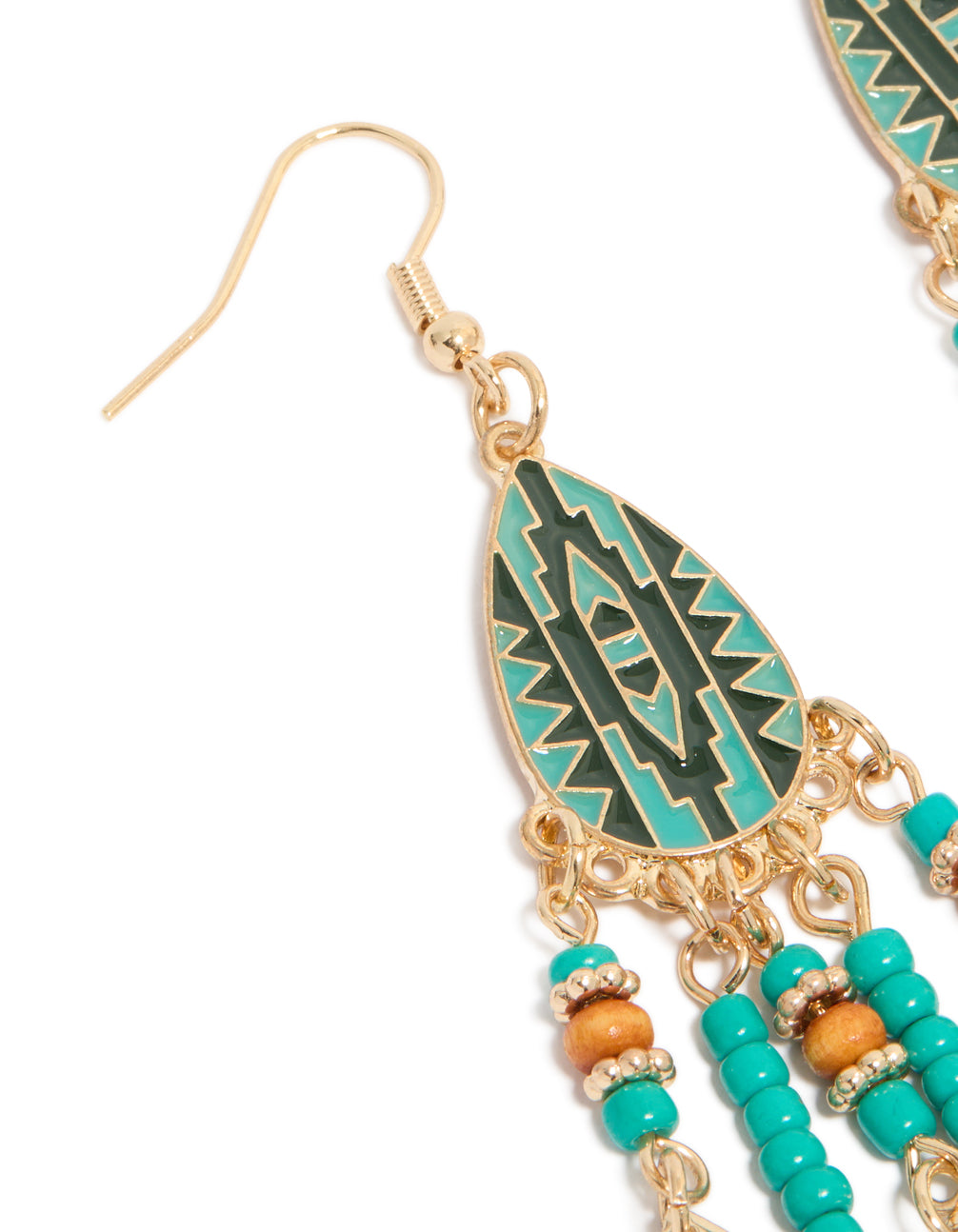 These blue feather and beaded drop earrings showcase leaf elements in teal, gold, dark turquoise, and peru hues, statement accessories close up view