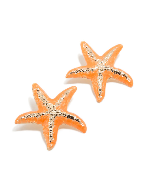 Orange Coated Metal  Starfish Statement Stud Earrings