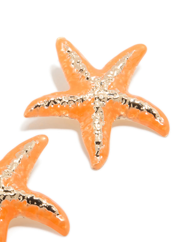 Orange Coated Metal  Starfish Statement Stud Earrings