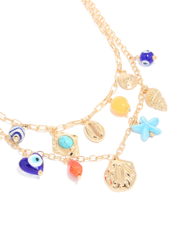 Gold Evil Eye & Sea Charm Layered  Necklace