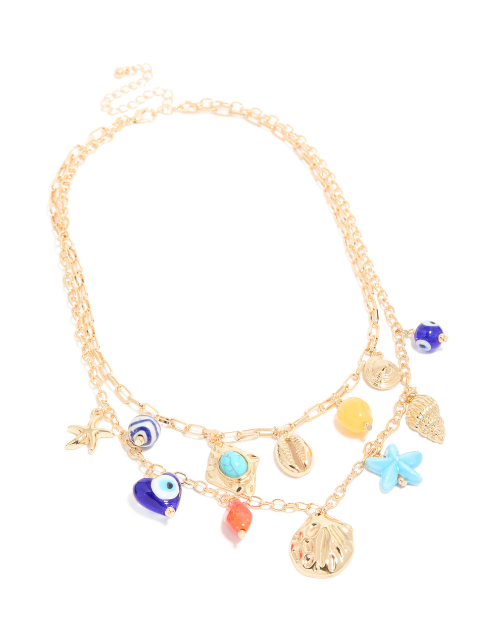 This evil eye and sea charm layered necklace showcases beads with ocean-inspired shell details and turquoise accents in gold front view