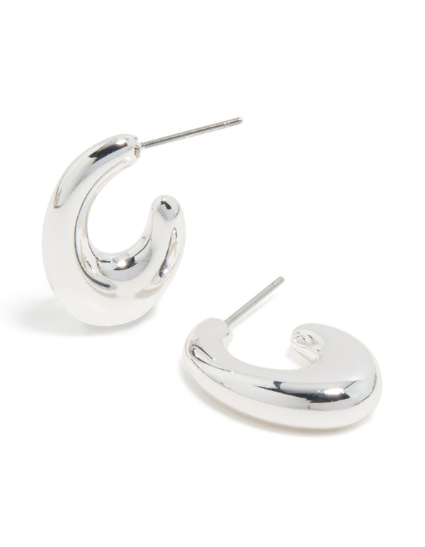 Crafted from silver C shaped bubble huggie earrings with hoop closure front view