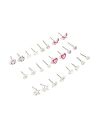 Discover this silver earrings 12-pack featuring heart, star, bow, and floral designs with pearl accents, enamel material, and stud closure front view - link has visual effect only