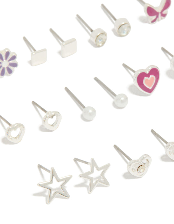 Explore this silver earrings 12-pack featuring heart, star, bow, and floral designs with pearl accents, enamel material, and stud closure close up view