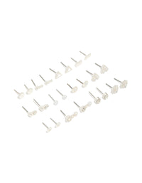 Showcasing a 12-pack of stud earrings featuring floral, triangle and pearl designs in silver and white front view - link has visual effect only