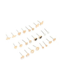 Discover this gold earrings 12-pack featuring pearl, butterfly, ball and heart stud closure in enamel front view - link has visual effect only