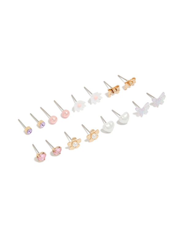 Discover this gold diamante earrings 8-pack featuring butterfly, bow, floral, heart and pearl stud closure in pink white lavender front view