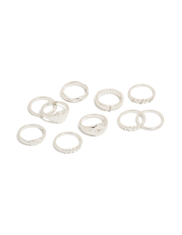 Explore this silver diamante signet rings 10-pack featuring celestial star front view