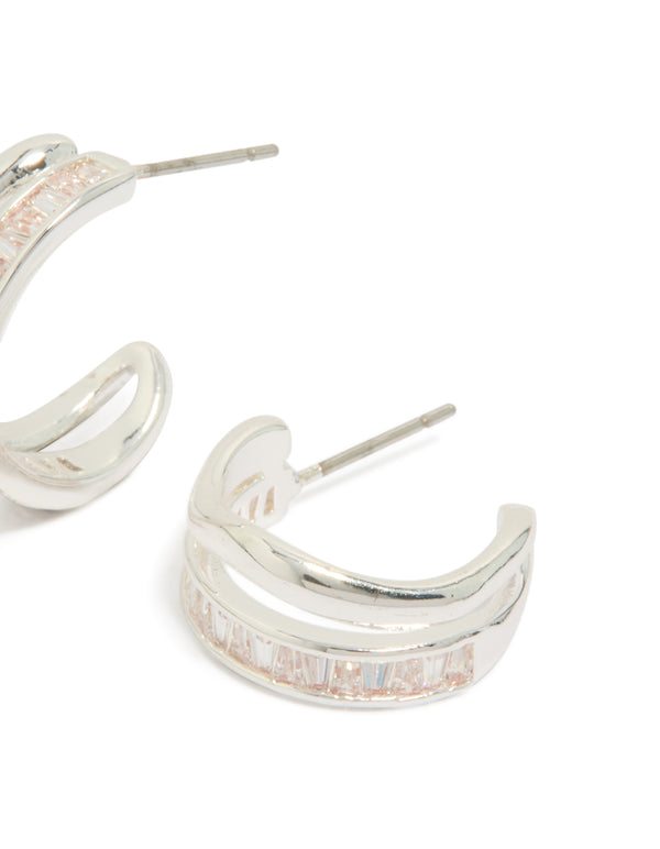 Silver Plated Cubic Zirconia Illusion Baguette Hoop Earrings