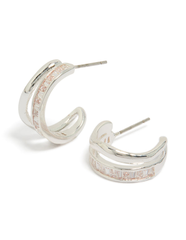 Silver Plated Cubic Zirconia Illusion Baguette Hoop Earrings