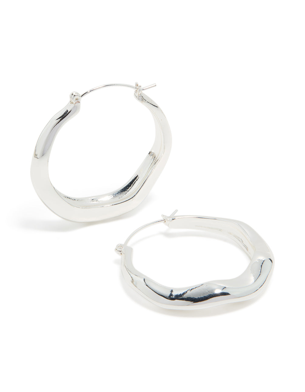 Featuring silver plated large hoop earrings front view
