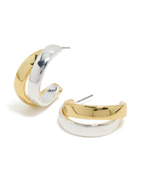 Crafted from mixed metal plated layered medium hoop earrings with gold and silver front view - link has visual effect only