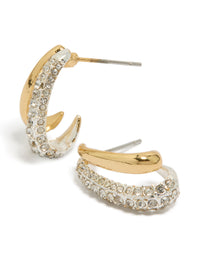 Showcasing statement mixed metal double layered diamante earrings crafted from gold and silver plated materials front view - link has visual effect only