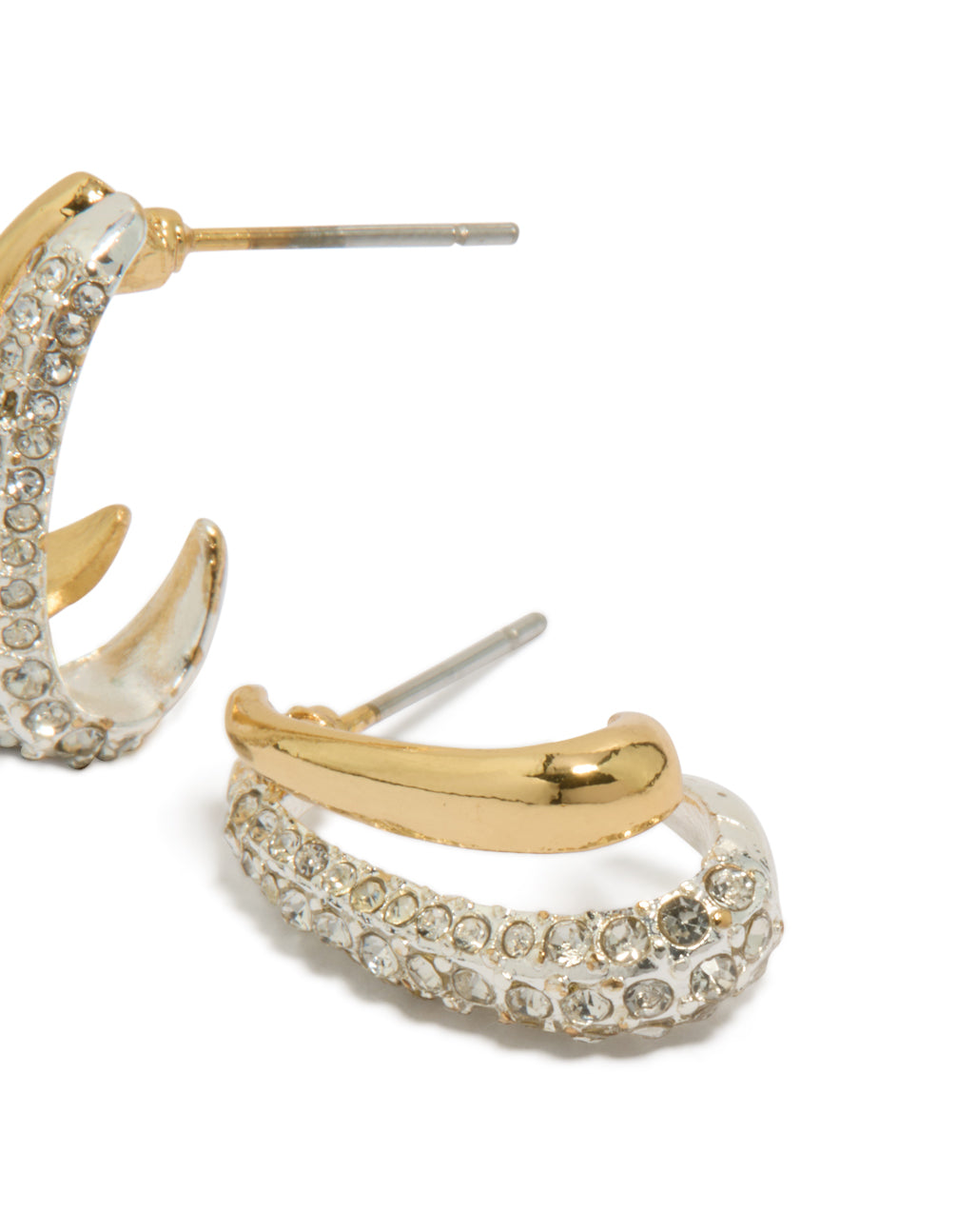 Crafted from mixed metal double layered diamante with gold and silver plated statement earrings post detail view
