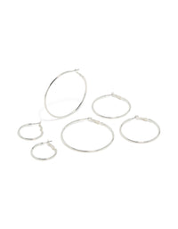 Presenting silver plated plain hoop earrings in a 3-pack front view - link has visual effect only