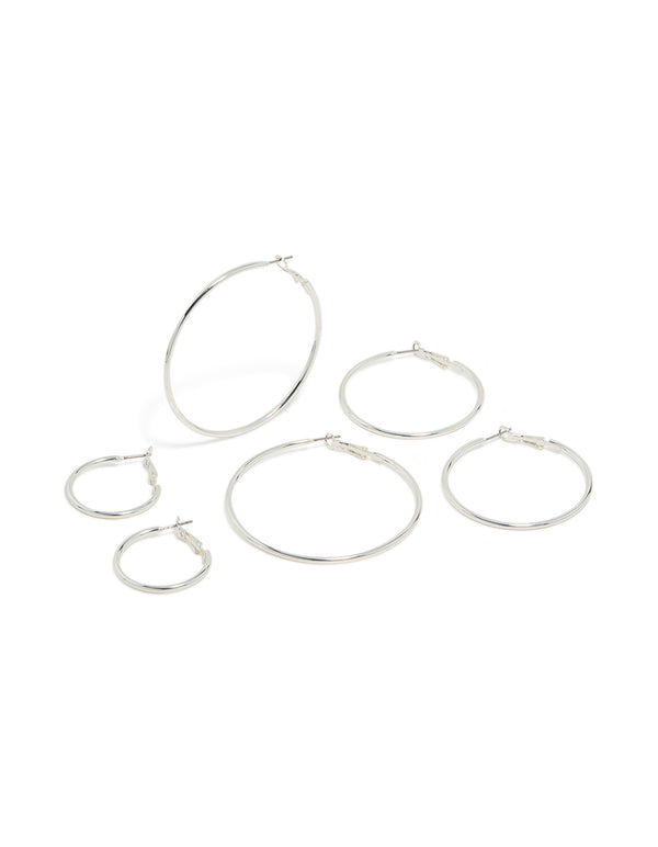 Presenting silver plated plain hoop earrings in a 3-pack front view