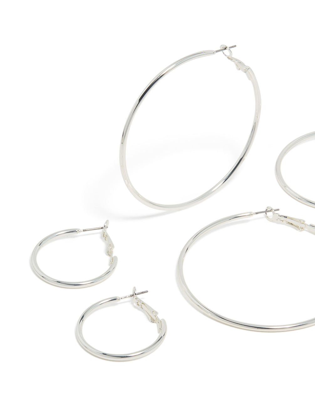 Featuring silver plated plain hoop earrings in a 3-pack close up view