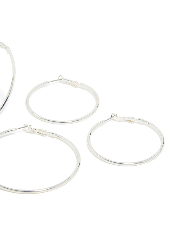 Crafted from silver plated material, plain hoop earrings in a 3-pack post detail view