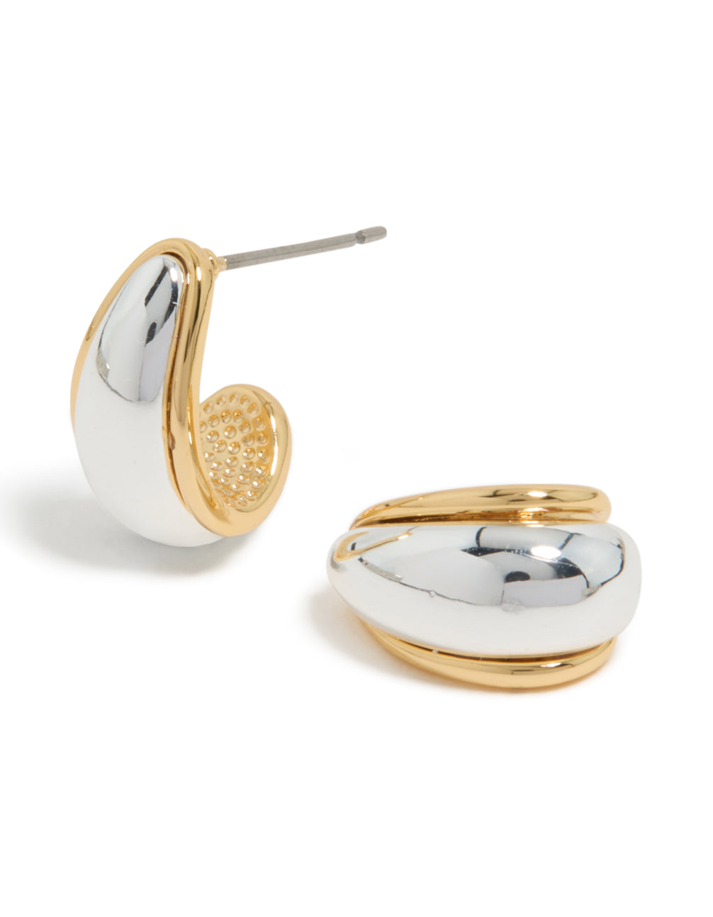 Crafted from mixed metal plated small teardrop drop earrings in silver and gold front view