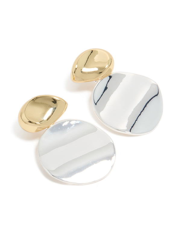 Featuring mixed metal plated statement disc drop earrings in gold and silver front view