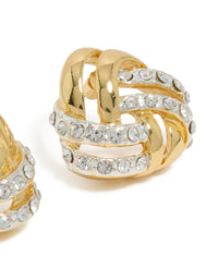 Crafted from mixed metal plated diamante knot stud earrings in gold, silver and clear stone post detail view - link has visual effect only
