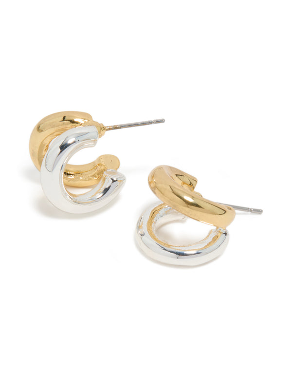 Crafted from mixed metal plated double hoop earrings featuring gold and silver with hoop closure front view