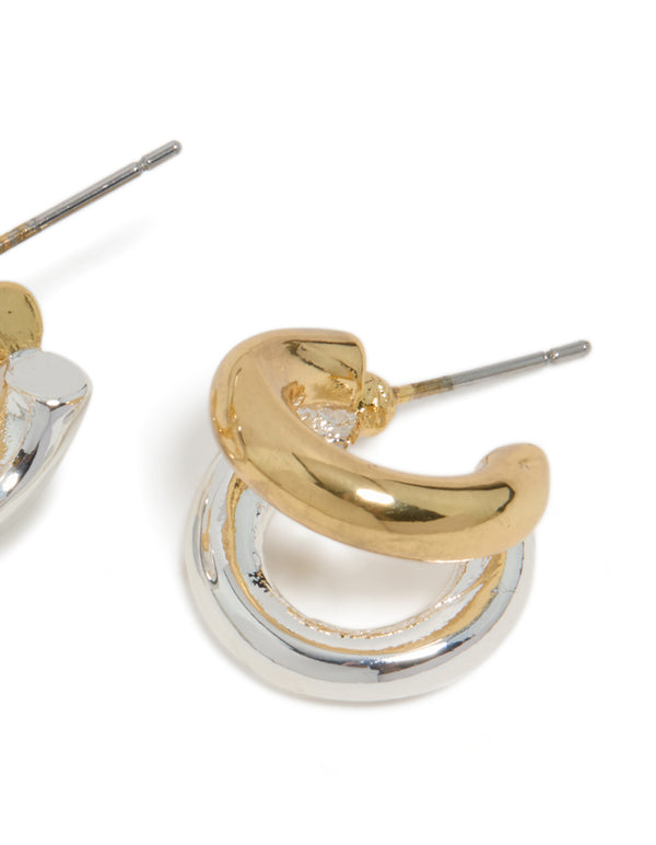 Highlighting mixed metal plated double hoop earrings in gold and silver with hoop closure post detail view