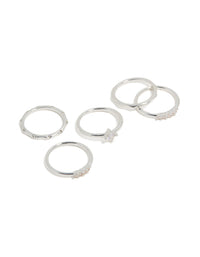 Featuring silver plated wavy and cubic zirconia detail rings 5-pack with solitaire stone cut in crystal front view - link has visual effect only