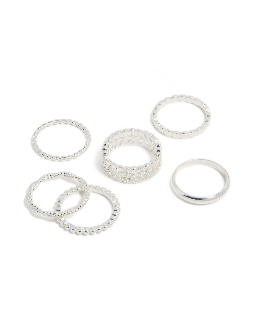 Crafted from silver plated mixed textured rings 6-pack front view