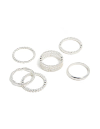 Crafted from silver plated mixed textured rings 6-pack front view - link has visual effect only