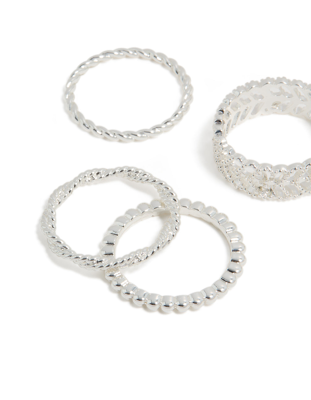 Showcasing silver plated mixed textured rings 6-pack close up view