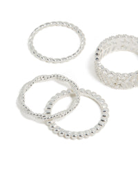Showcasing silver plated mixed textured rings 6-pack close up view - link has visual effect only