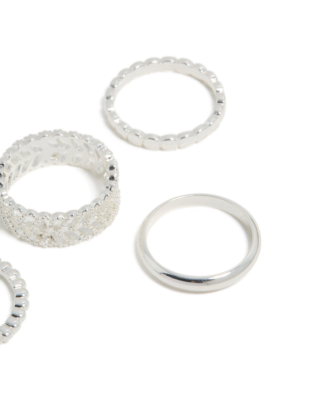 Showcasing silver plated mixed textured rings 6-pack close up view