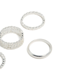 Showcasing silver plated mixed textured rings 6-pack close up view - link has visual effect only