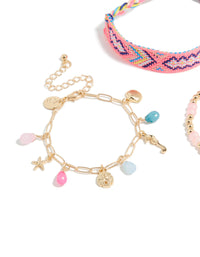 Gold Pink Beaded & Sea Charm Bracelets 3-Pack - link has visual effect only