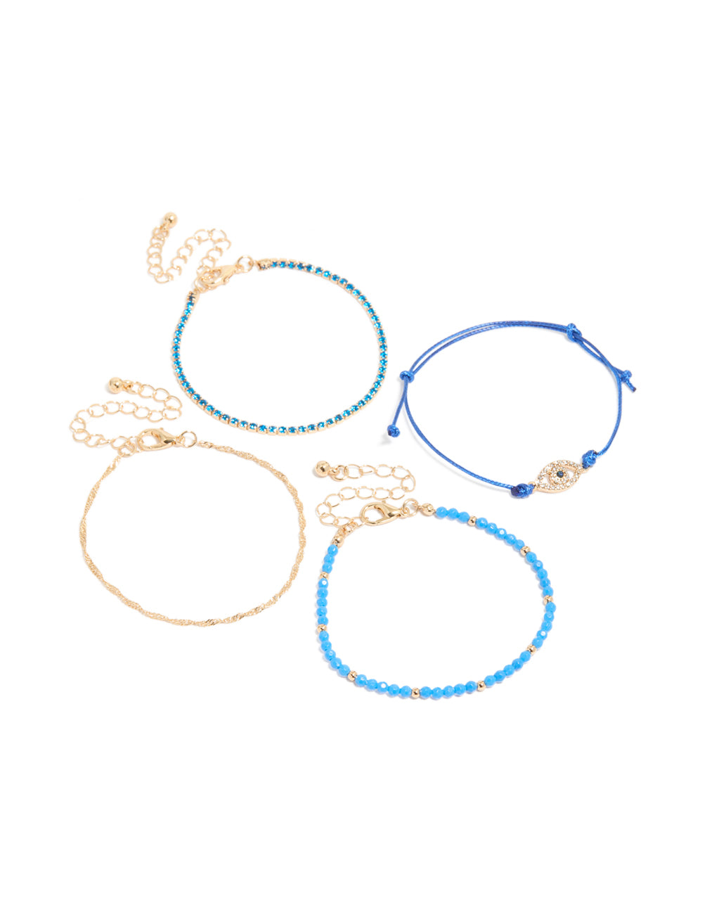 Discover this beaded bracelets 4-pack featuring evil-eye accents, crafted from cord in gold front view