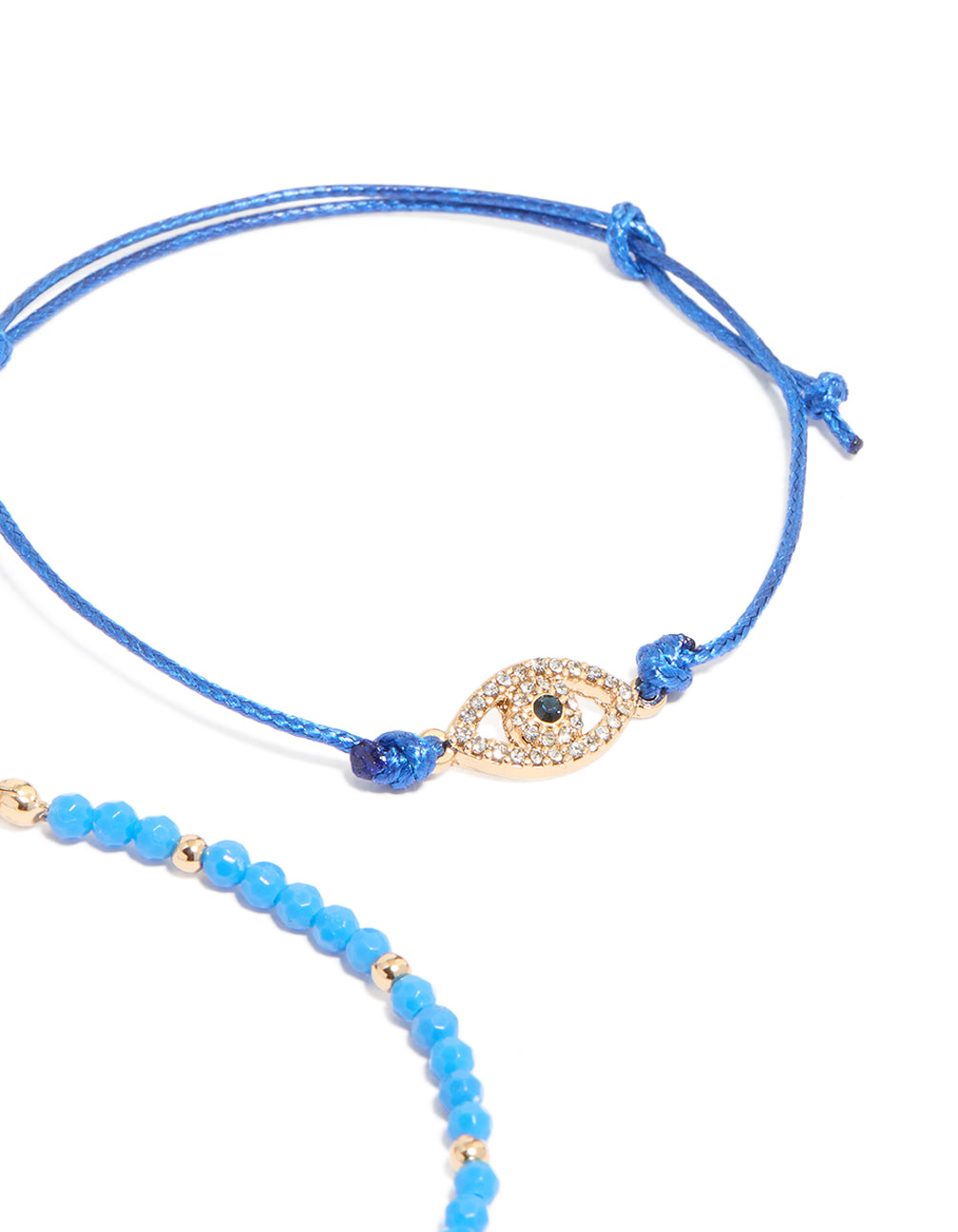 This beaded bracelets 4-pack showcases evil-eye accents, crafted from cord in gold closure detail view