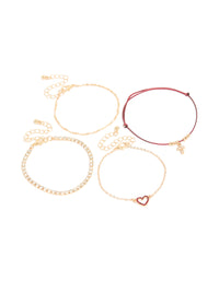 Gold Burgundy Cord & Heart Bracelets 4-Pack - link has visual effect only