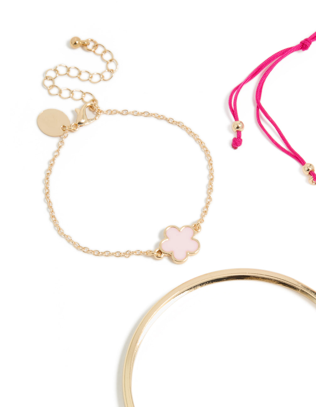 Featuring gold clover and hot pink cord bracelets in a 4-pack with floral details, light pink accents, and bangle styles close up view