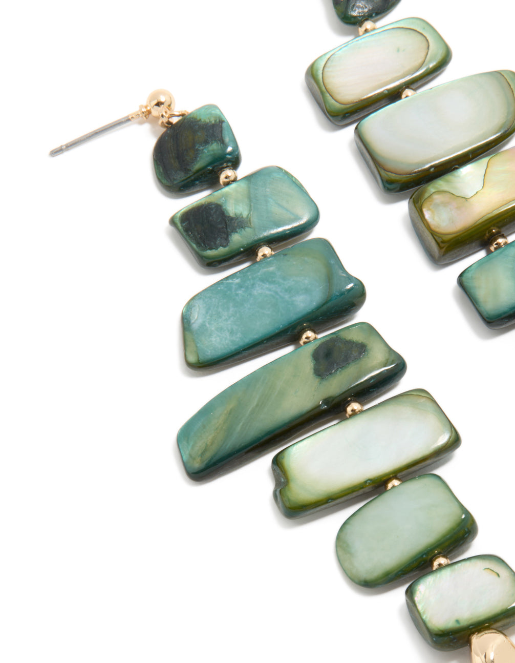 Elegant dark green acrylic irregular shaped drop earrings crafted with beads in teal, pale green, and gold close up view