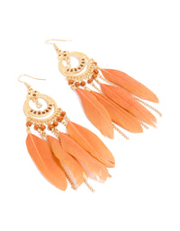 Gold Celestial Boho Orange Feather Drop Earrings - link has visual effect only