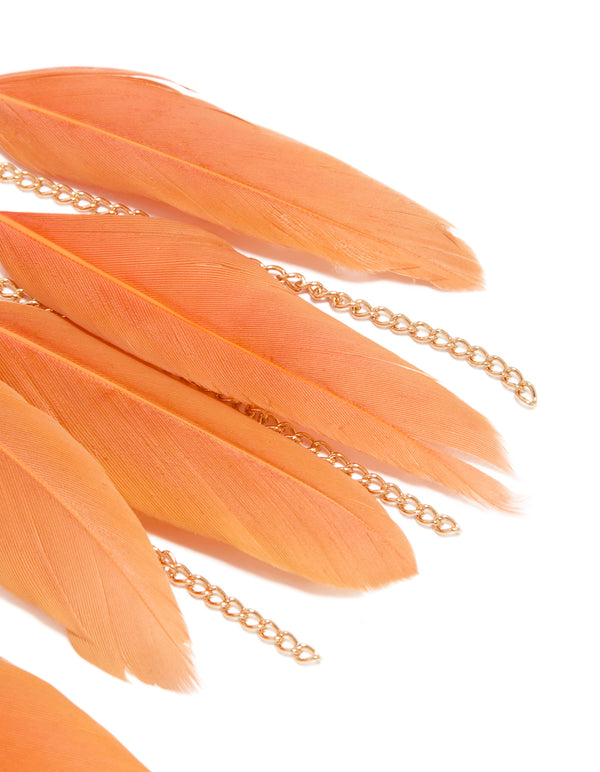 Gold Celestial Boho Orange Feather Drop Earrings